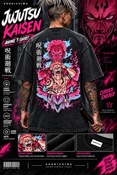 FG KONNİCHİWA Konni̇chi̇wa Jujutsu Kaisen Sukuna Printed Black Oversize T-Shi...