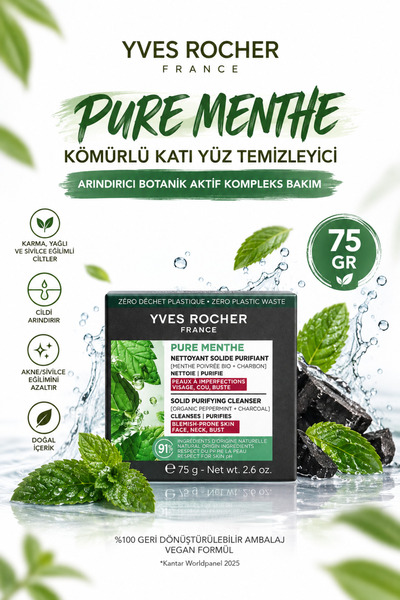 Yves Rocher Pure Menthe Purifying Charcoal Solid Facial Cleanser 75 Gr Acne P...
