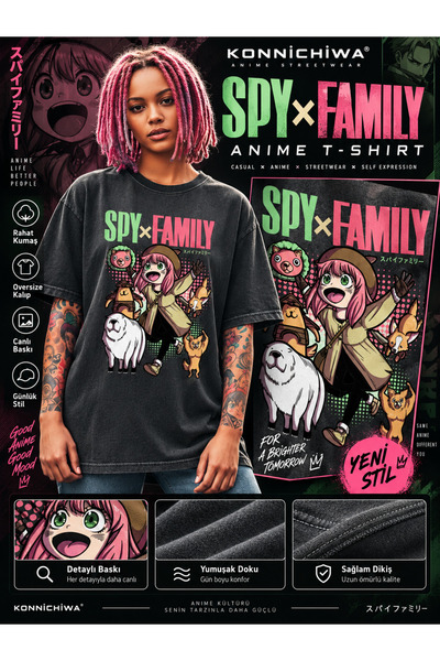 FG KONNİCHİWA Konnichiawa Spy X Family Anya Forger Printed Black Oversize Ani...