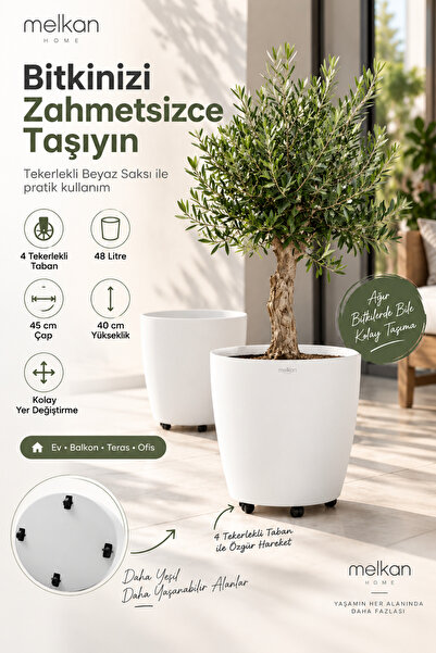 Melkan Home Beyaz Tekerlekli Saksı 48 Litre Büyük Saksı Geniş Hacimli Tekerlekli Saksı Beyaz 45x40 Cm