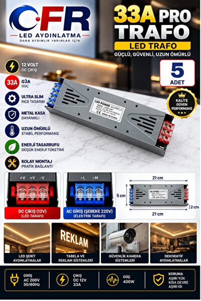 LED AYDINLATMA 12V 360W 33 Amper Çift Girişli 220V Slim Metal Kasa Led Adaptörü 5-ADET