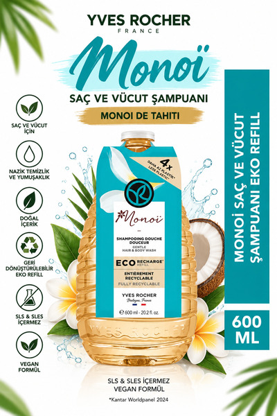 Yves Rocher عبوة بديلة من شامبو الشعر والجسم المعطر مونوي تيار، 600 مل