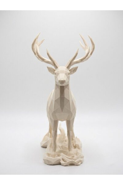 Yakamoz Atölye Geyik Biblo 10 cm Low Poly 3D Baskı Krem Dekoratif Heykel Masa...