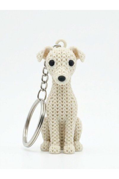 Yakamoz Atölye Köpek Anahtarlık 7 cm Örgü Desenli 3D Baskı Krem Greyhound Ami...