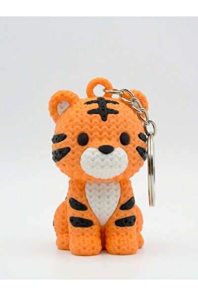 Kaplan Anahtarlık 6 cm Örgü Desenli 3D Baskı Turuncu Siyah Amigurumi Görünümlü Çanta Süsü Hediyelik