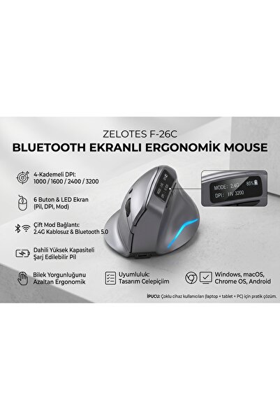 ZELOTES F-26C Ergonomik Dikey Kablosuz Mouse OLED Ekranlı 2.4GHz Bluetooth Çift Mod 3200 DPI Şarjlı RGB Mouse
