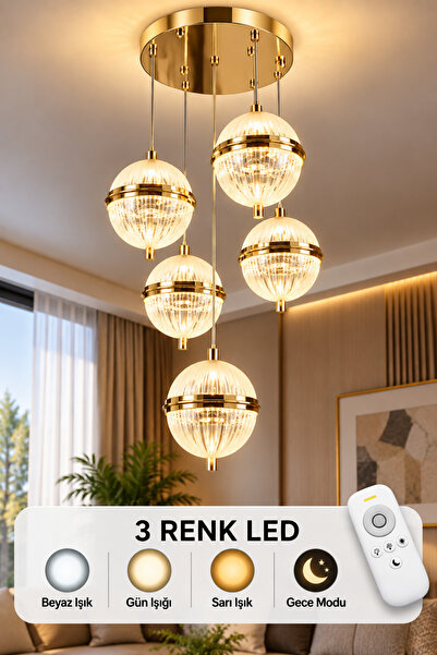 tavion lighting küre 5li sarkıt avize 3 renk led secenekli kumandalı salon ot...