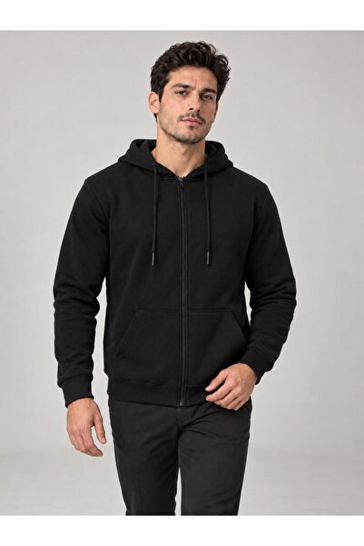 Butik Erkek Oversize Kapüşonlu Tam Fermuarlı Kanguru Cepli Şardonlu Sweatshirt