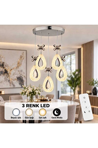 MAVERALİGHTİNG YAGMUR 5Lİ SARKIT AVİZE 3 RENK LED ISIKLI KUMANDALI SALON OTUR...