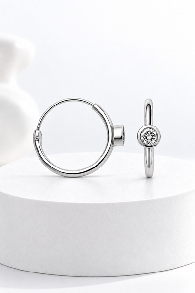 jelux silver Gümüş 925 Ayar 12 MM Minimal Zirkon Taşlı Halka Kadın Küpe