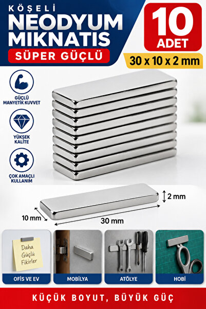 Dünya Magnet 10 Adet 30x10x2 mm Köşeli Neodyum Mıknatıs Süper Güçlü Dikdörtge...
