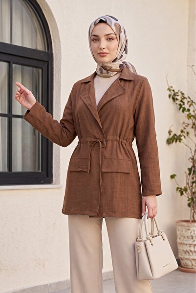Modamorfo Tunnel Lace Pocket Detailed Linen Look Kimono - Brown