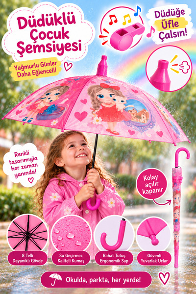 hak-iş oyuncak Düdüklü Kız Çocuk Pembe Şemsiye – Sevimli Kız ve Kedi Desenli,...