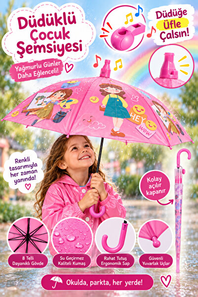 hak-iş oyuncak Düdüklü Kız Çocuk Pembe Şemsiye – Sevimli Kız Desenli, Emoji v...