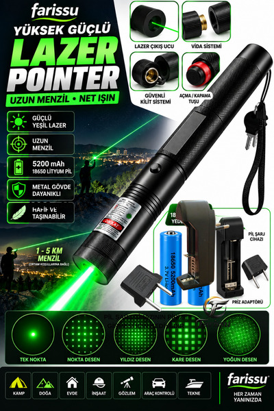 farissu 10 KM Menzilli Şarj Edilebilir Yeşil Lazer Pointer Seti - 5200mAh Çif...