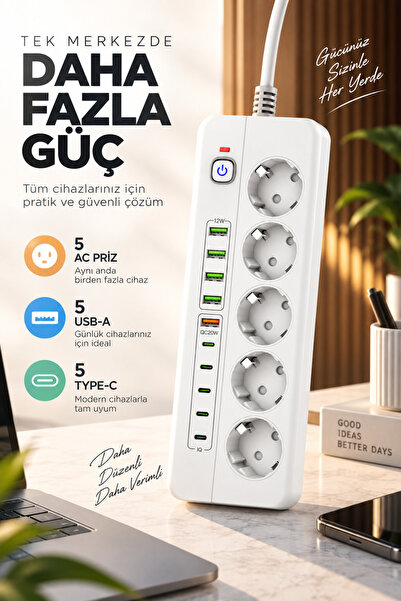 asua 5'Li Priz 5X USB 5X PD Şarj Termal Isı Korumalı Priz 2 Metre Kablo Çoklu...