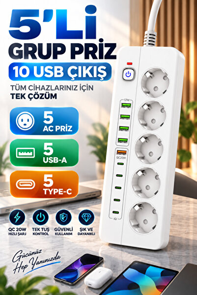 MATECHNO Isıya Dayanıklı Power Tuşlu 5'li Grup Priz 5xusb 5x Type-c Çıkışlı P...