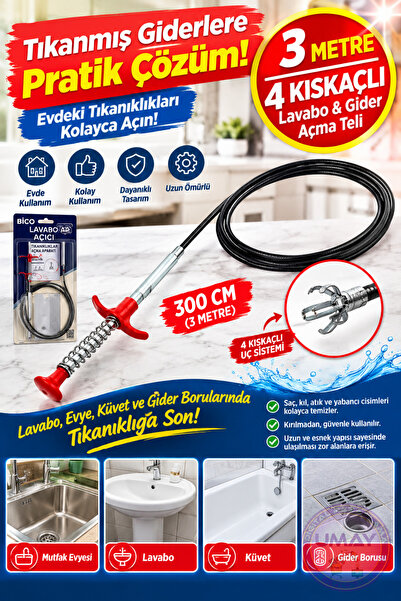 ibico 3 Metre Tıkanmış Lavabo Evye Küvet Gider Borusu Açma Aparatı 4 Kıskaçlı