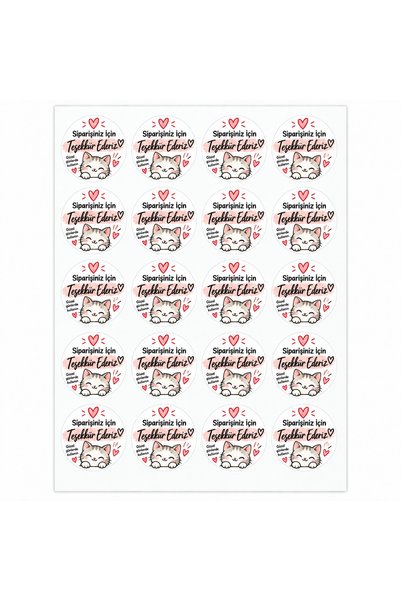 Avrupa Tedarik Siparişiniz İçin Teşekkür Ederiz Sticker - Etiket 4 cm 48 Adet Kedi Desenli Paketleme Teşekkür Etiketi