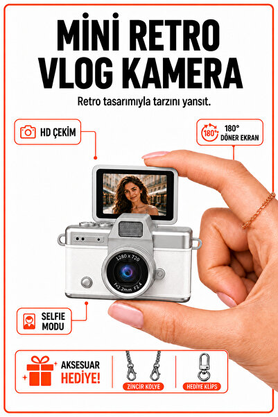 solvis Mini Dijital Kamera Retro Tasarım HD Video Selfie Çekim 180° Döndürüle...
