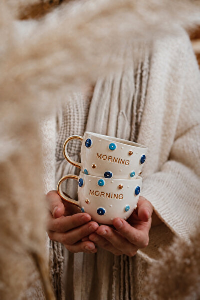 Yarenural Ceramic Good Morning Nazar Kahve Fincanı/250ml/24 k altın dekor/El ...