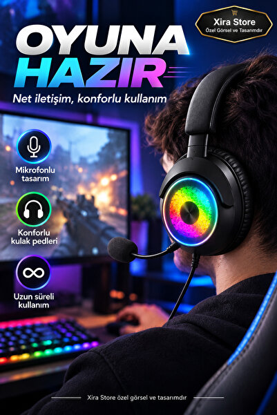 XİRA Profesyonel Gaming Oyuncu Kulaklığı Kanal Esports Oyun Mikrofonlu-RGB