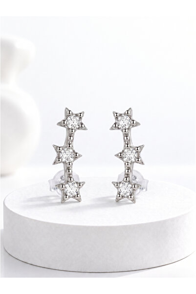 jelux silver Gümüş 925 Ayar Triple Star Zirkon Taşlı Çivili Küpe