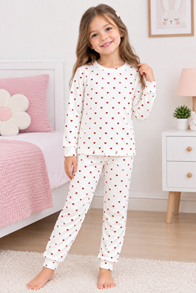ALKINKİDS 1-10 Years Old Girls' Cotton Tiny Hearts Patterned Ribbed Long Slee...
