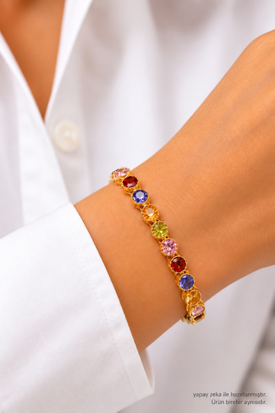 Homies Altın Renk Renkli Taşlı Kadın Bileklik - 14K Gold PVD Kaplama - Şık Ta...