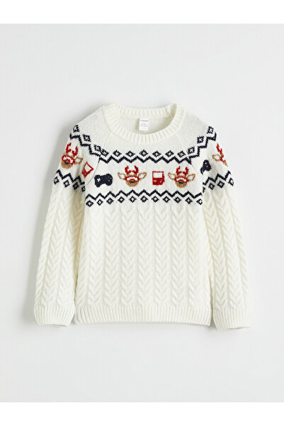 LC Waikiki Lcw Kids Beige Christmas Themed Boys' Knit Sweater with Nevavm Dif...