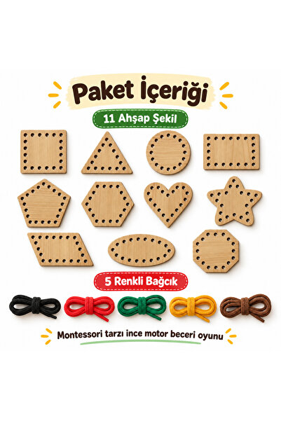 Trendy Toys Eğitici Ahşap Şekiller Ip Geçirme Montessori El Kası Geliştirme