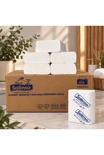 SOLINSO 🐳 Z Katlama Kâğıt Havlu 200’lü Dispenser Peçete 12 Paket 2400 Adet 2...