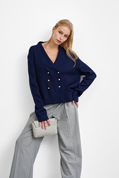İmajButik Navy Blue Double-Breasted Collar Buttoned Knit Cardigan