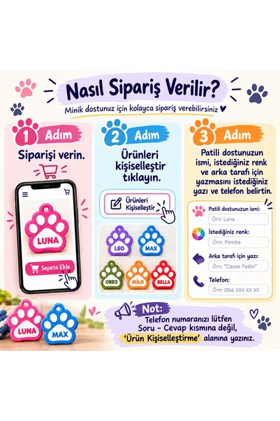 Genel Markalar Kişiye Özel Pati İsimlik – 3D Baskı Renkli Patili Künye