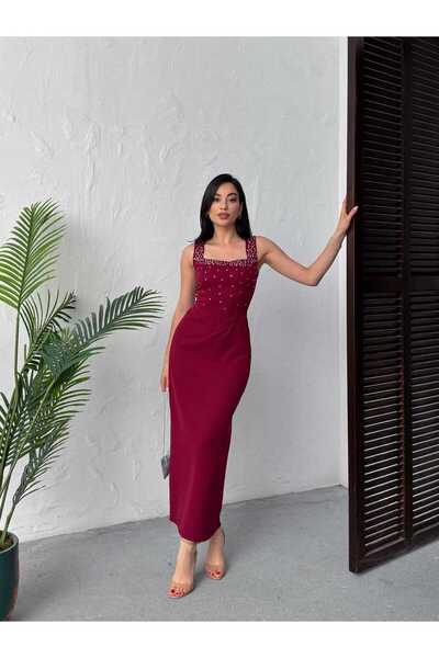 MODA DURAĞI QUALİTY MAXİ TAŞLI ELBİSE Bordo