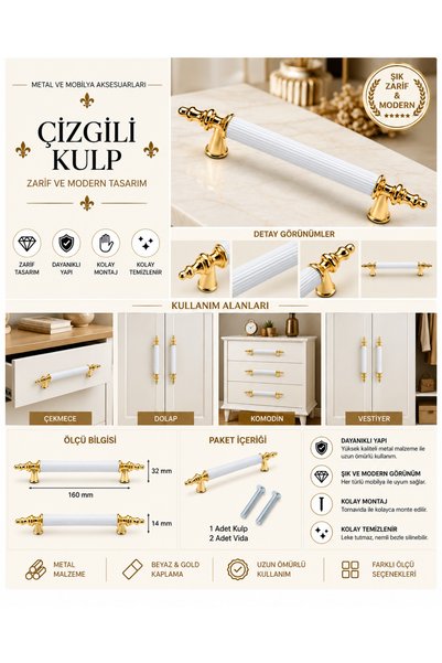 EMSALtasarım Inci Kombin Lüks Modern Dolap Çekmece Kulpları 128 Mm Beyaz Altı...