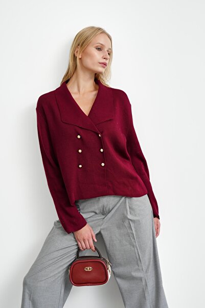 İmajButik Burgundy Double Breasted Collar Buttoned Knit Cardigan