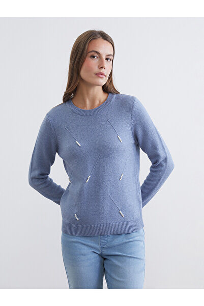 LC Waikiki Lcw Comfort Blue Knitwear Embroidered Sweater with Nevavm Difference