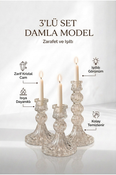 Nandy Home 3’lü Set Damla Model Cam Mumluk & Şamdan