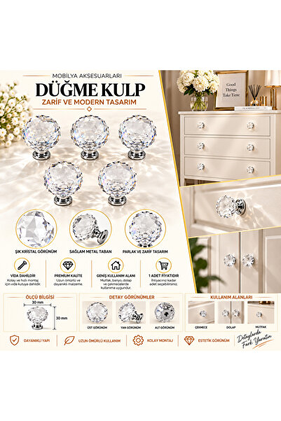 HİLAL AKS 5 Adet Kristal Düğme 30 Mm Krom- Şeffaf Kristal Kulp