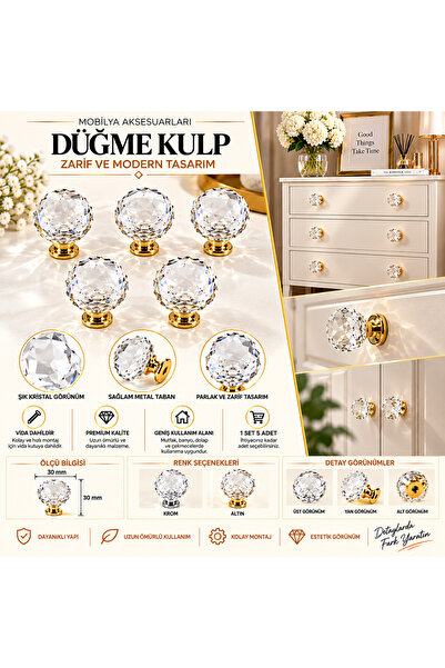 HİLAL AKS 5 Adet Kristal Düğme Şeffaf Cam Altın Dolap Çekmece Kulp Tek Vidalı