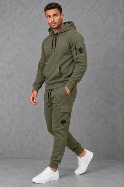 Generic Brand Men's Lens Detailed Hooded Cargo Pocket Tracksuit Set