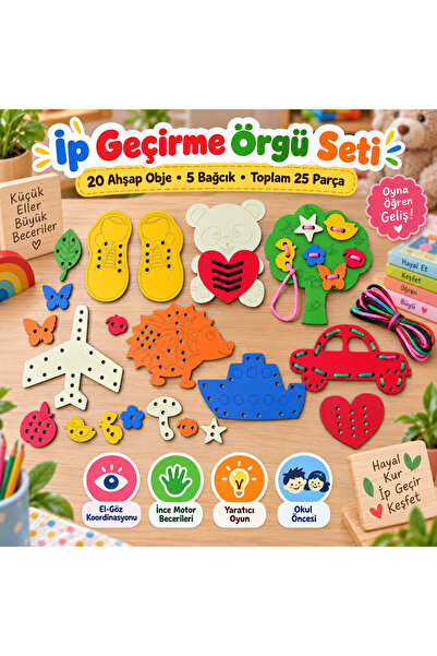 Trendy Toys Eğitici Ahşap Renkli Ip Geçirme Örgü Seti 25 Parça Montessori El Kası Geliştirme Oyunu