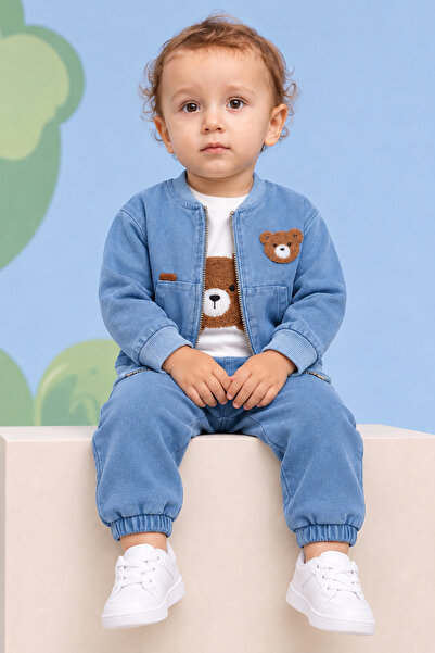 Rocha Baby Rocha Erkek Bebek Mavi Denim Görünümlü Ayıcık Nakışlı 3’lü Takım -...