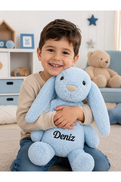 Tosbiş [ KİŞİYE ÖZEL İSİM YAZILIR ] (35 cm) Peluş Tavşan Mavi Renk Uyku Arkad...