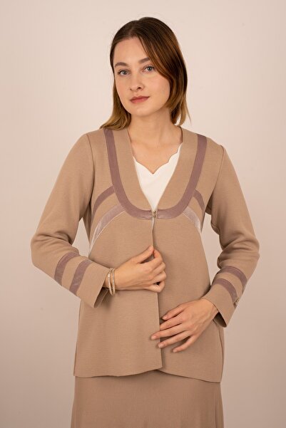 MISS DALIDA Missdalida 9041-23K V-Neck Velvet Detailed Classic Cardigan