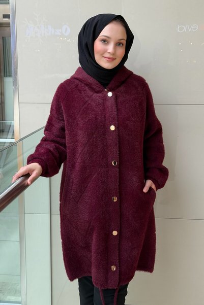 Ghisa Zigzag Desenli Kapüşonlu Çıtçıtlı Angora Kaban