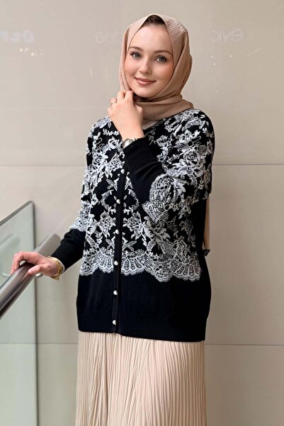 Ghisa Pearl Buttoned Rose Patterned Knitwear Cardigan