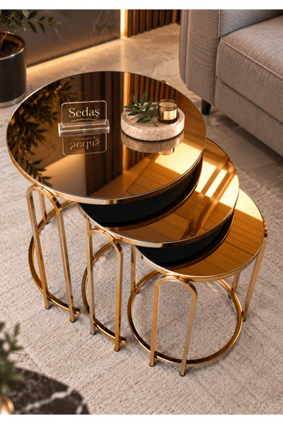 SEDAŞ LIVING UNITS Zigon Sehpa Bronz Ayna Lenka Yuvarlak 3'lü Gold Metal seda...