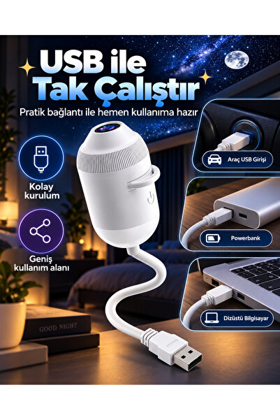 EN SİGA USB Mini Gökyüzü Projeksiyon Lambası 3 Desenli Esnek Başlıklı Araç İçi ve Oda Gece Lambası